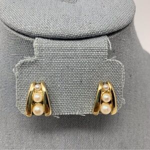 Gold Tone Graduated Triple Faux Pearl Stud Earrings